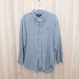 Vintage Ralph Lauren Mens Button Down Shirt L Gray Cream Plaid Blaire Preppy